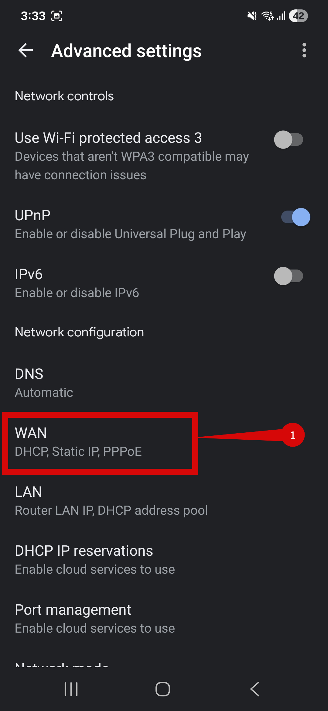 WAN settings screen