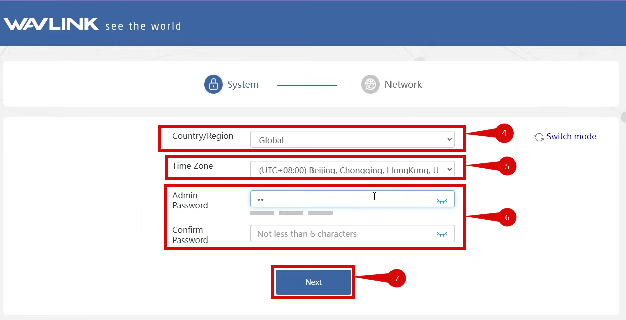 WAVLINK AX1800 region and password settings
